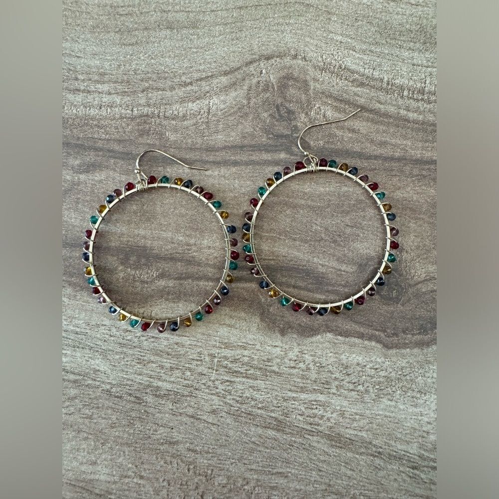 Multicolor Hoop Earrings Handmade Rainbow Gold Tone